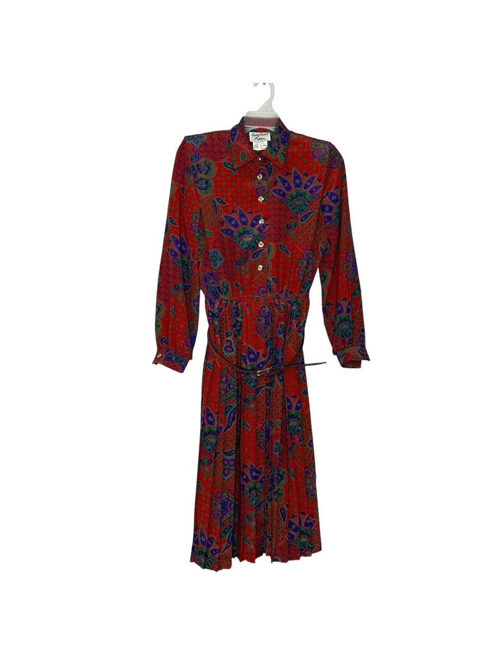 Lady Carol of New York Petites Belted Pleated Shirt Dress Red Green Paisley 4